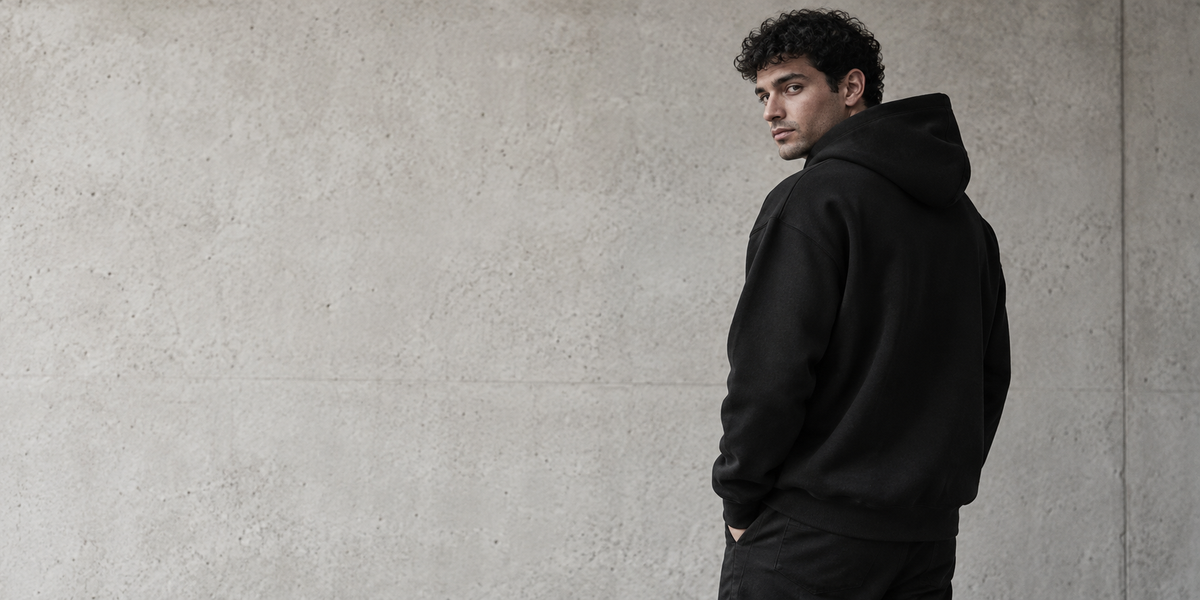 Man in zwarte hoodie tegen een lichte betonnen wand.