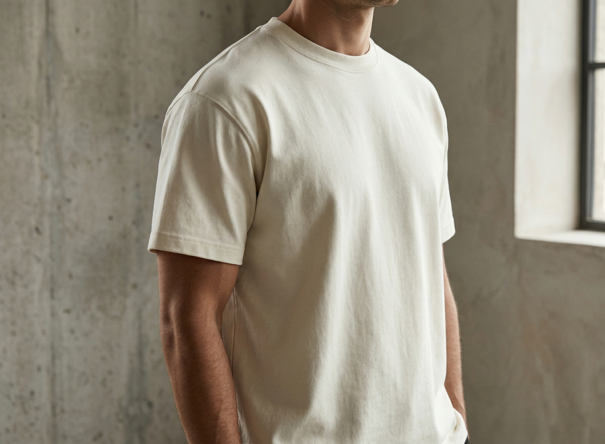 Man draagt heavyweight t-shirt met goede pasvorm en hoogwaardige stofkwaliteit
