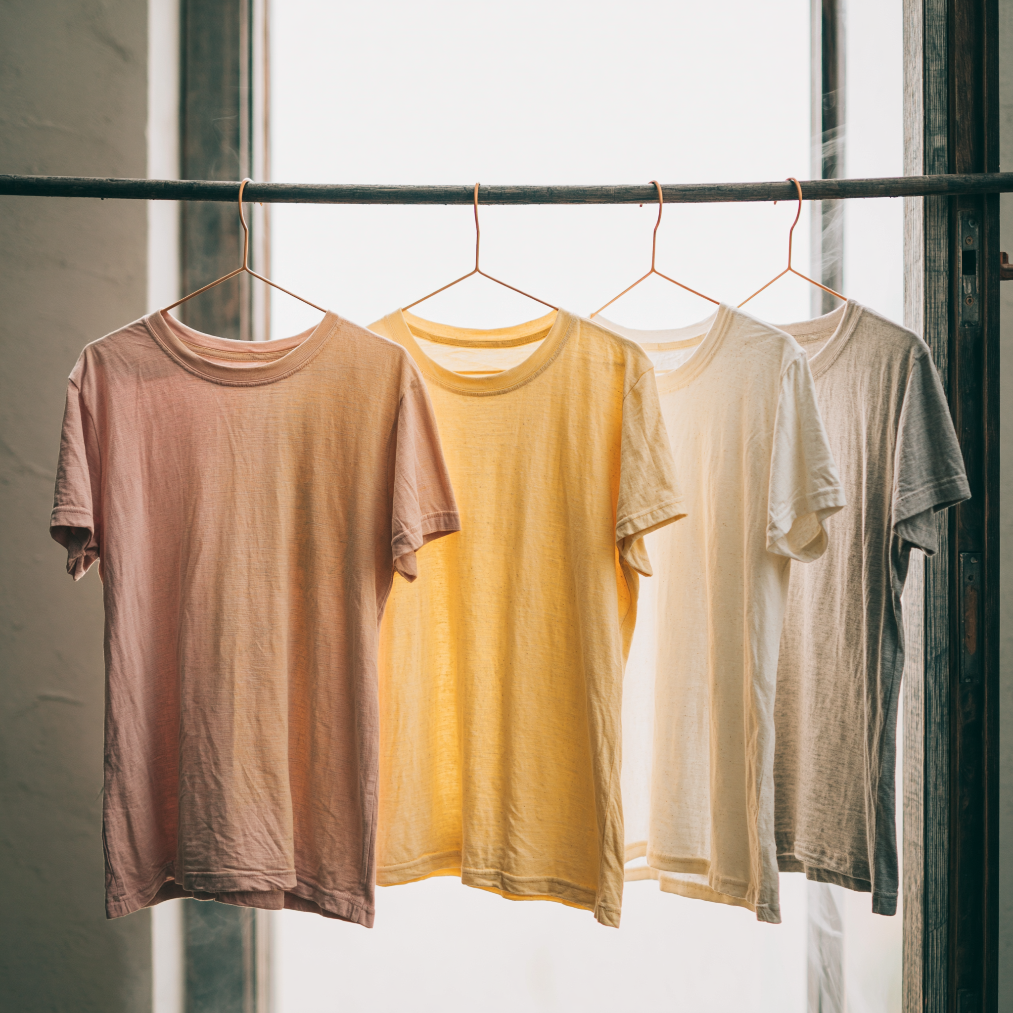 Fris gewassen neutrale t-shirts hangen te drogen bij een open raam