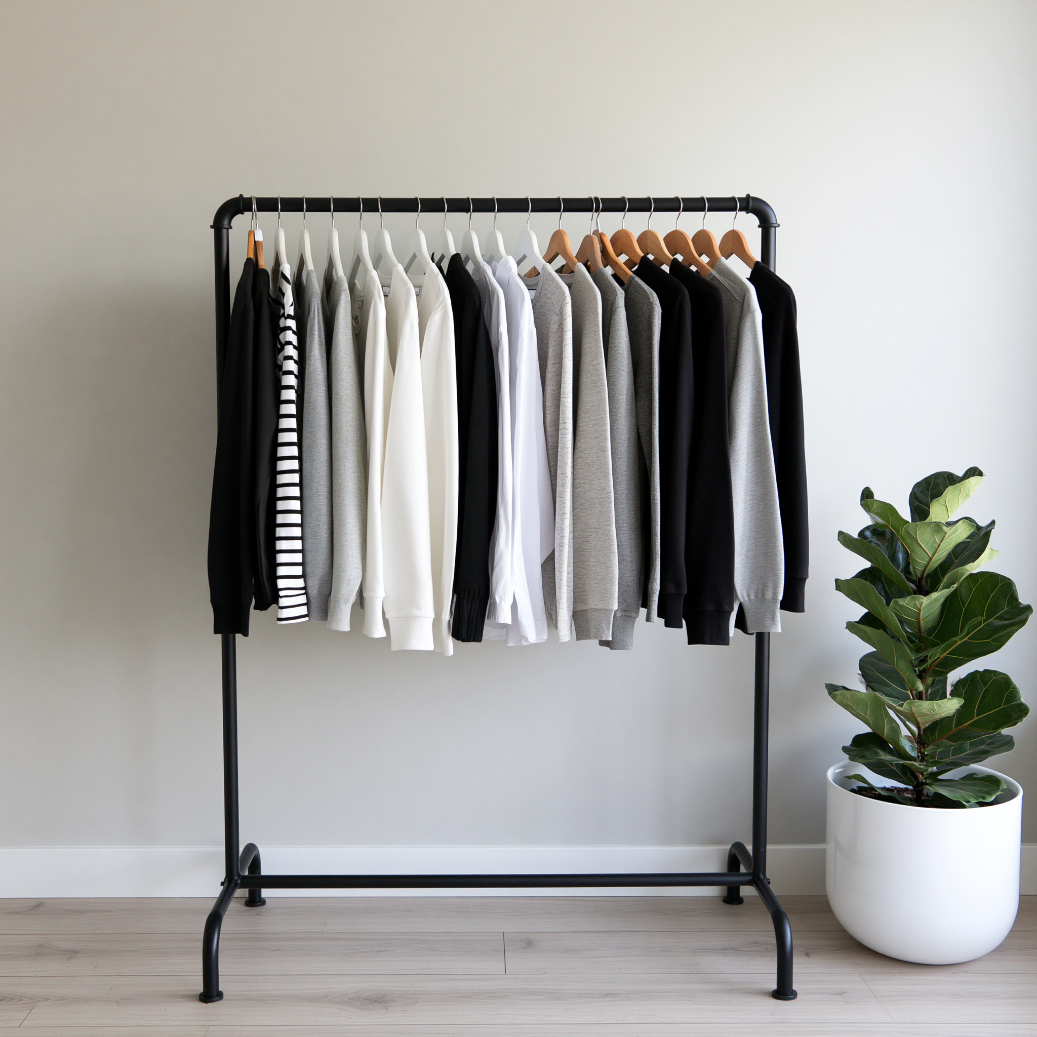 Minimalistisch kledingrek met een kleine set neutrale basics in zwart, gebroken wit en grijs