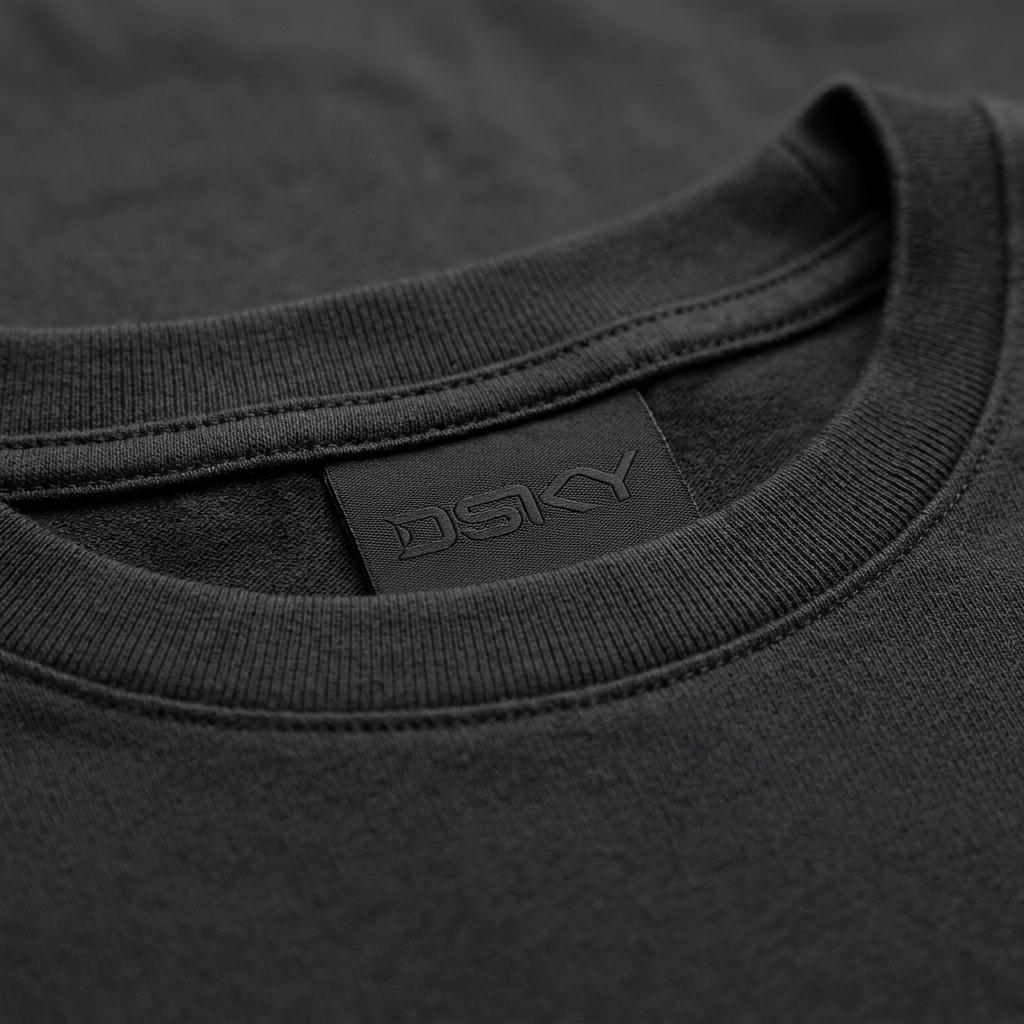 Close-up van een kwalitatief hoogwaardig katoenen T-shirt met zichtbare stofstructuur en stevige kraagconstructie.
