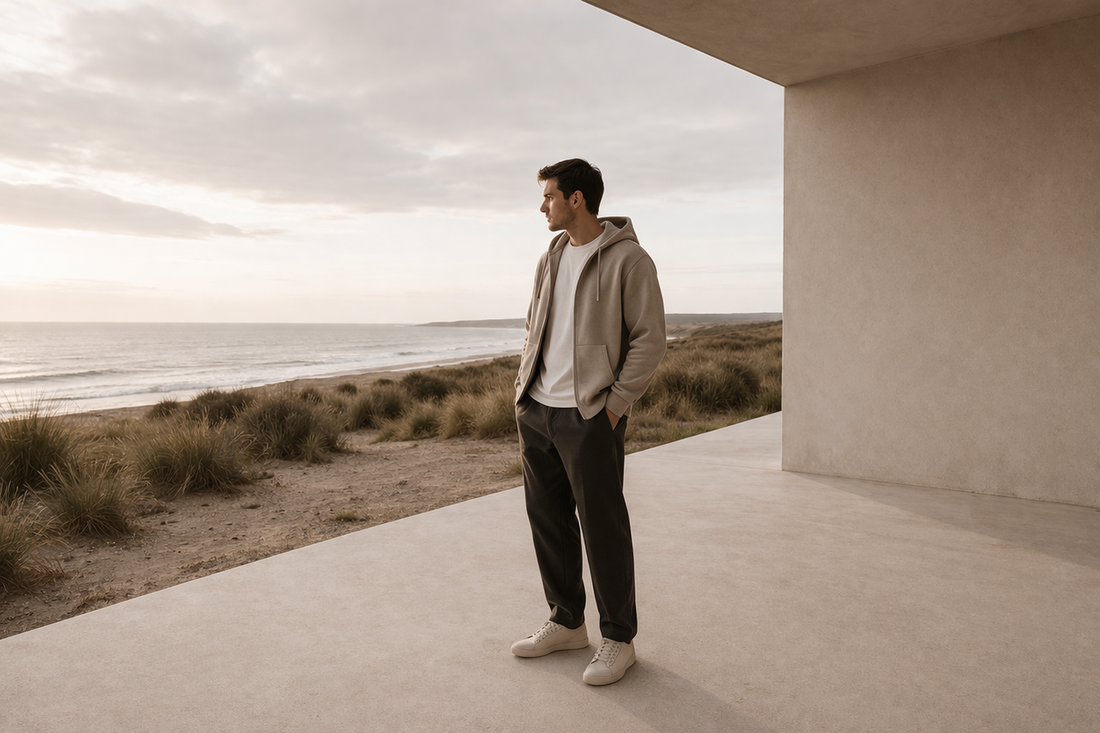 Man draagt basislaag t-shirt onder hoodie als onderdeel van een rustig en functioneel layering systeem