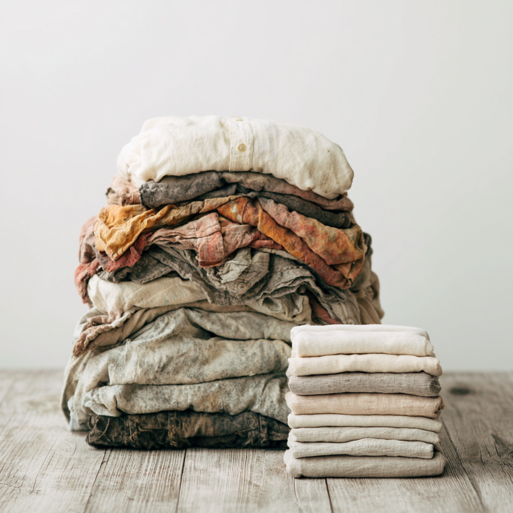 Stapel versleten goedkope kleding naast een kleine stapel opgevouwen neutrale basics