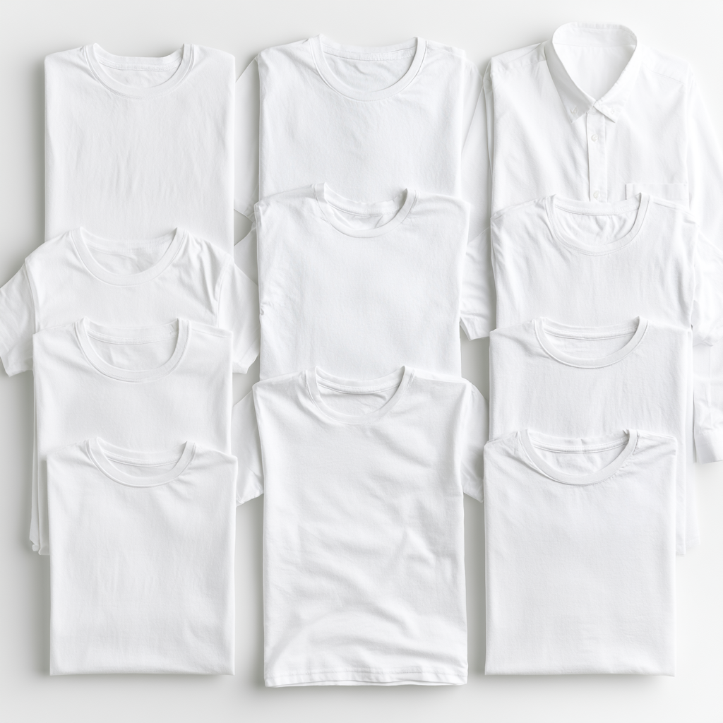 Schone witte katoenen t-shirts en overhemden overzichtelijk gerangschikt in helder daglicht
