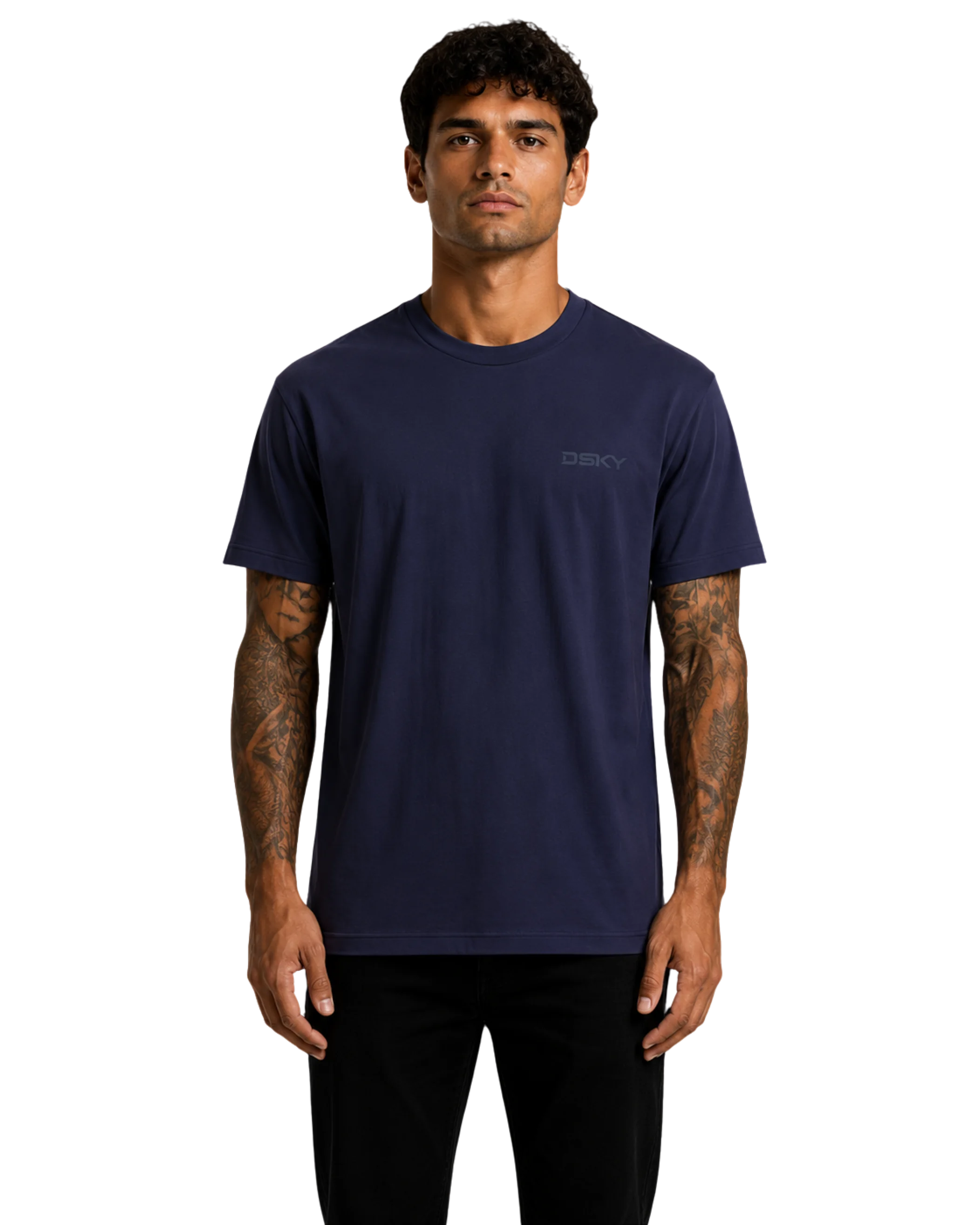 nachtblauw t-shirt, 180 gsm combed cotton, regular pasvorm, modelweergave voorzijde