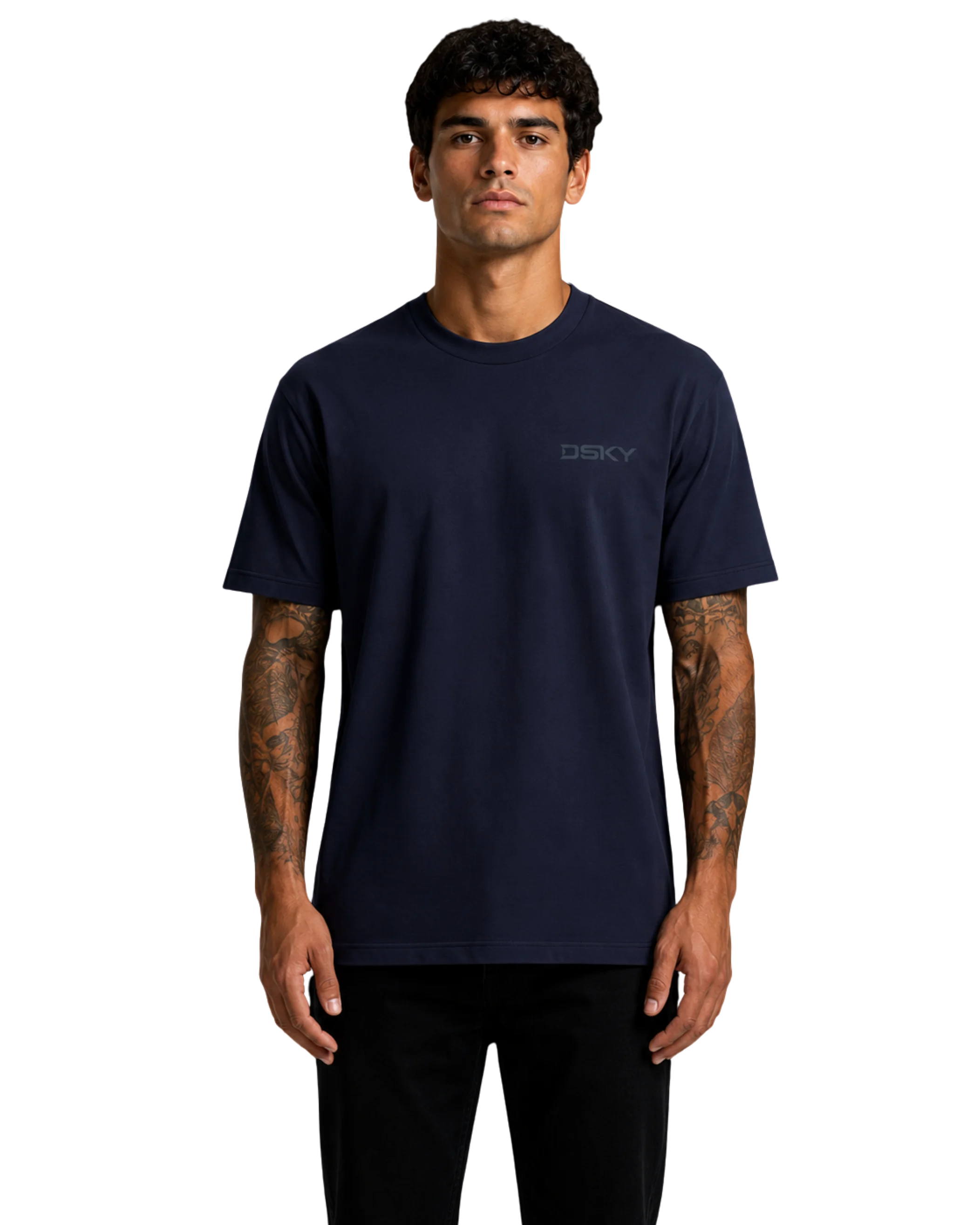 nachtblauw t-shirt, 220 gsm combed cotton, regular pasvorm, modelweergave voorzijde
