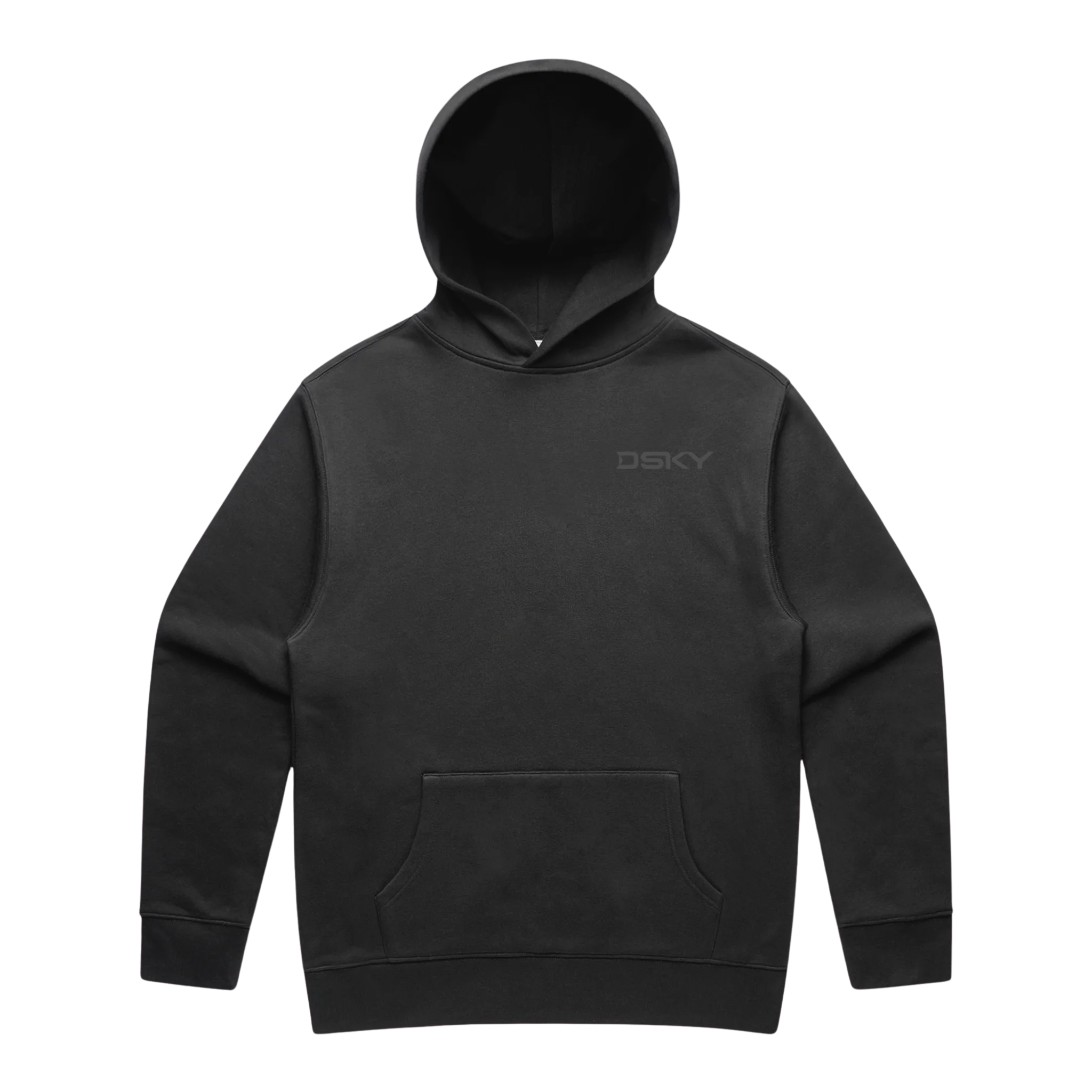 zwarte garment dyed hoodie voorkant plat gefotografeerd op neutrale achtergrond