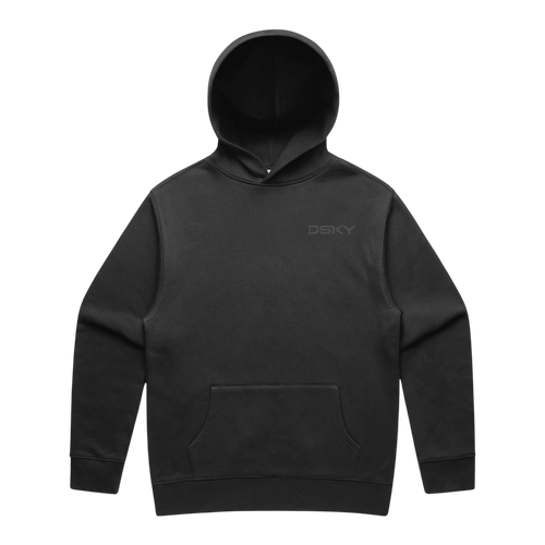 zwarte garment dyed hoodie voorkant plat gefotografeerd op neutrale achtergrond