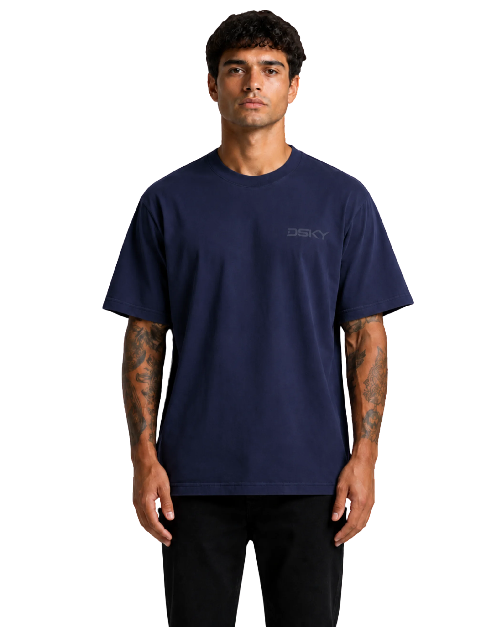 nachtblauw heavyweight t-shirt, 280 gsm carded cotton, relaxed pasvorm, modelweergave voorzijde