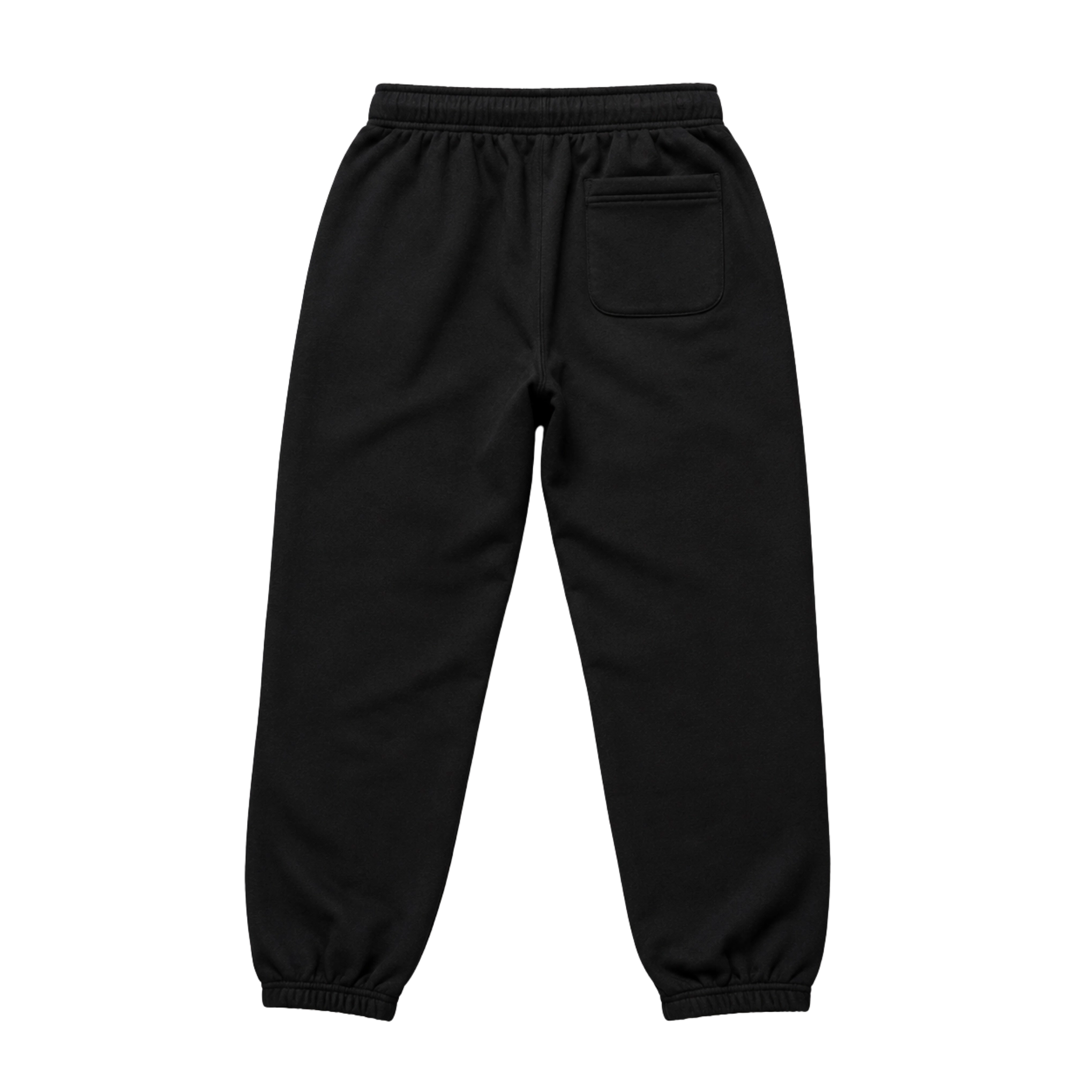 zwarte katoenen joggers achterkant plat gefotografeerd op neutrale