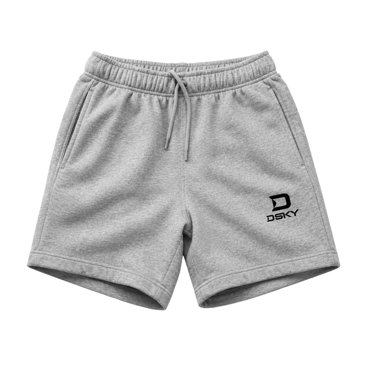 grijze track short, 320 gsm katoen, plat gefotografeerd voorzijde op neutrale achtergrond, productweergave