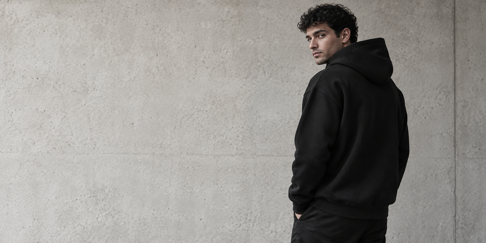 Man in zwarte hoodie tegen een lichte betonnen wand.