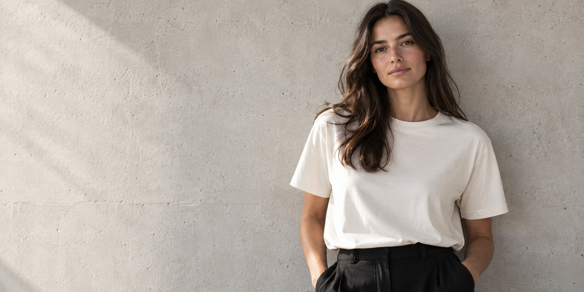 Vrouw in wit T-shirt tegen een lichte betonnen wand.