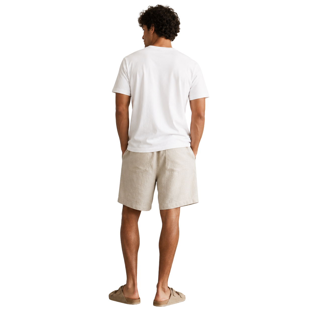 linnen short in natural, 215 gsm puur linnen, gedragen door model, achteraanzicht pasvorm

