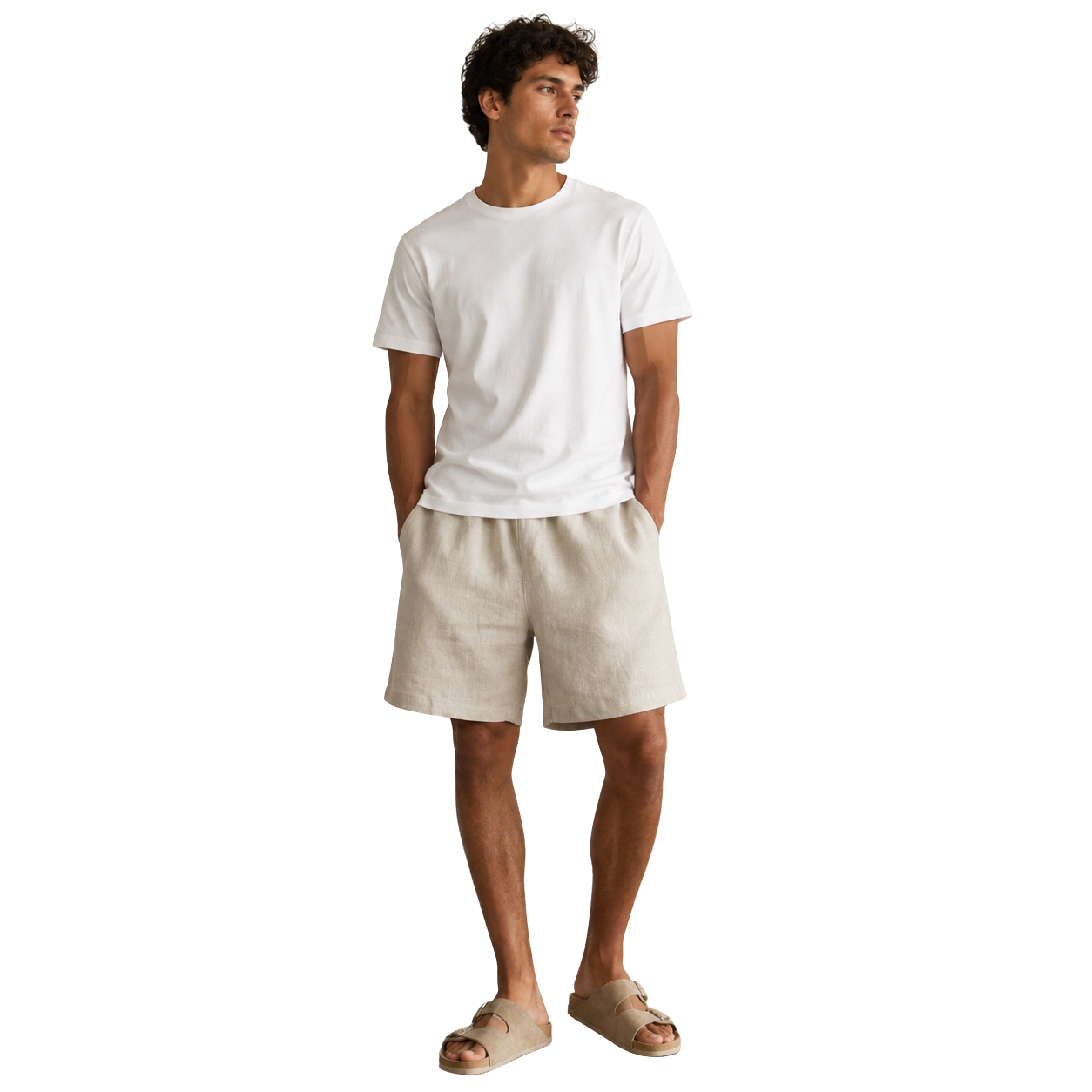 linnen short in natural, 215 gsm puur linnen, gedragen door model, vooraanzicht pasvorm
