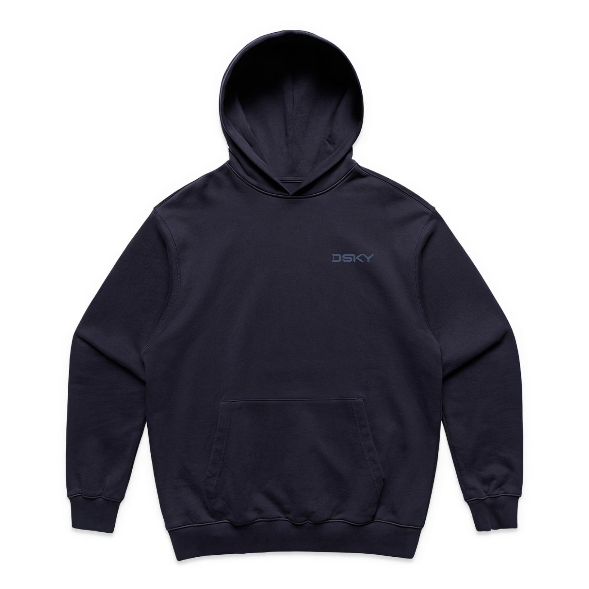 DSKY® Skyline heavy 500gsm navy blue cotton french terry hoodie with a relaxed fit and kangaroo pocket
